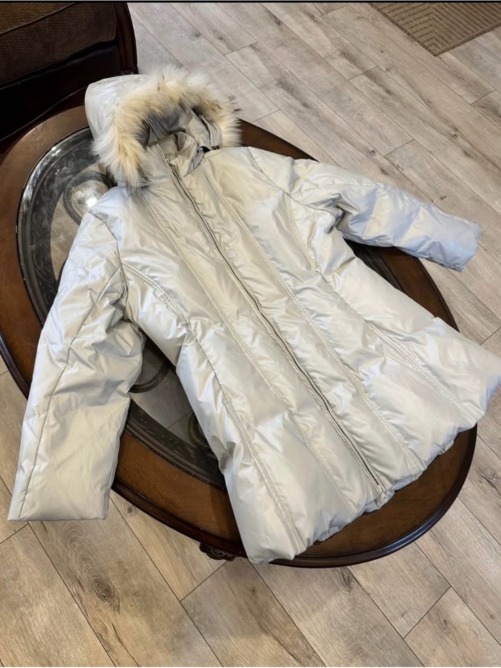 Lamborghini Cream Hooded Puffer Coat with Faux-Fur Trim Fits Smaller